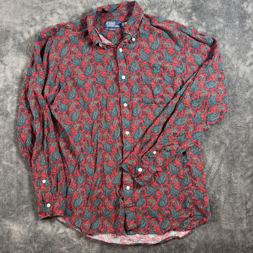 Polo Ralph Lauren Mens Large Shirt Button Down Red Paisley Viscose Classic Fit